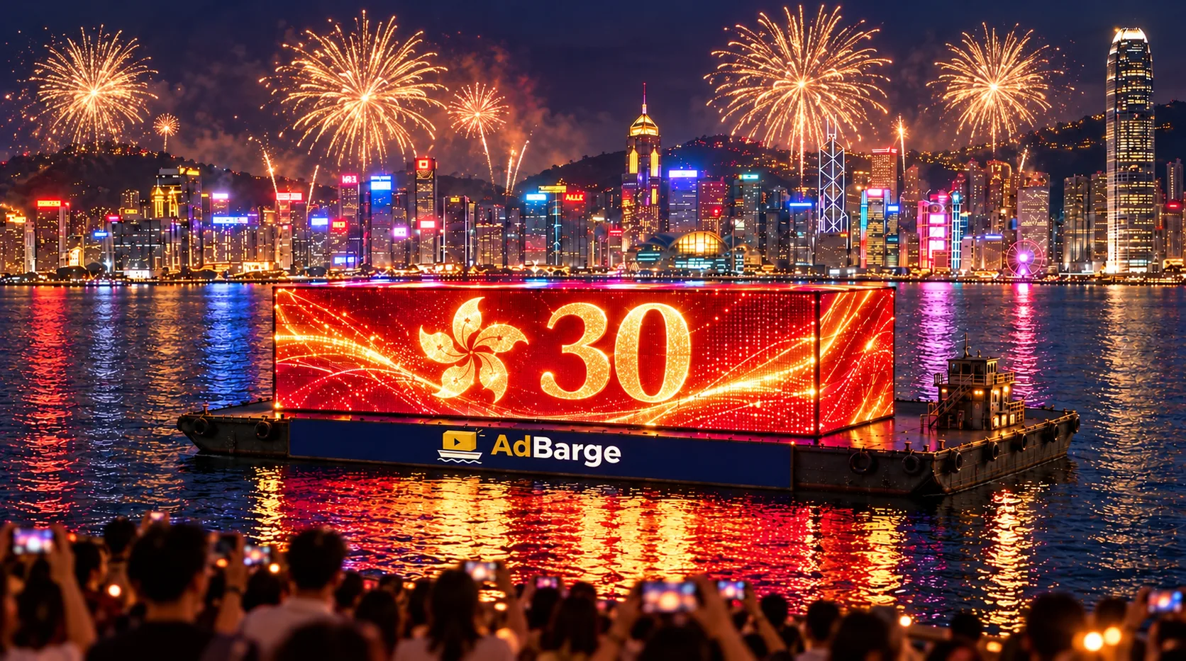 AdBarge glows red and gold with a giant 30 as fireworks burst over the harbour on 1 July