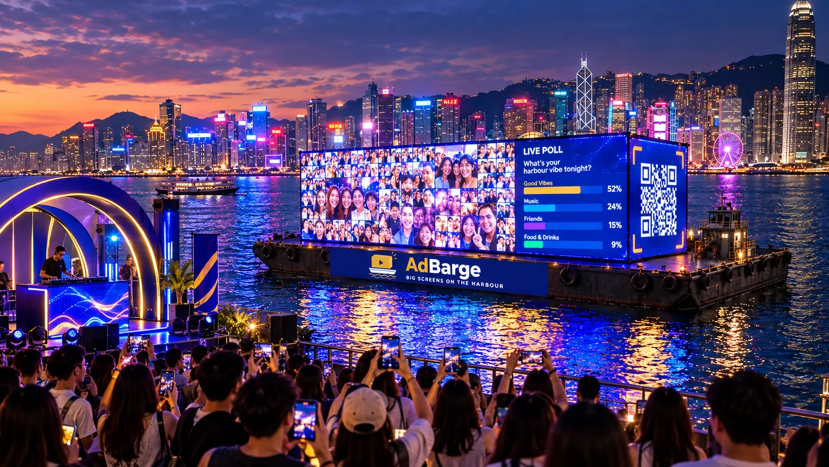 live poll and selfie wall on AdBarge at a dockside event