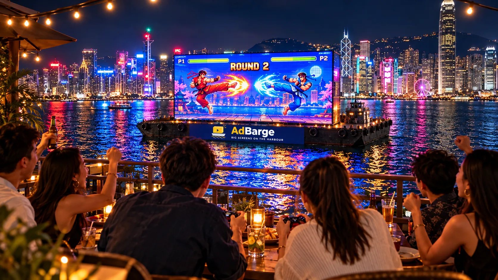 diners at a harbourfront restaurant playing a game on the AdBarge screen