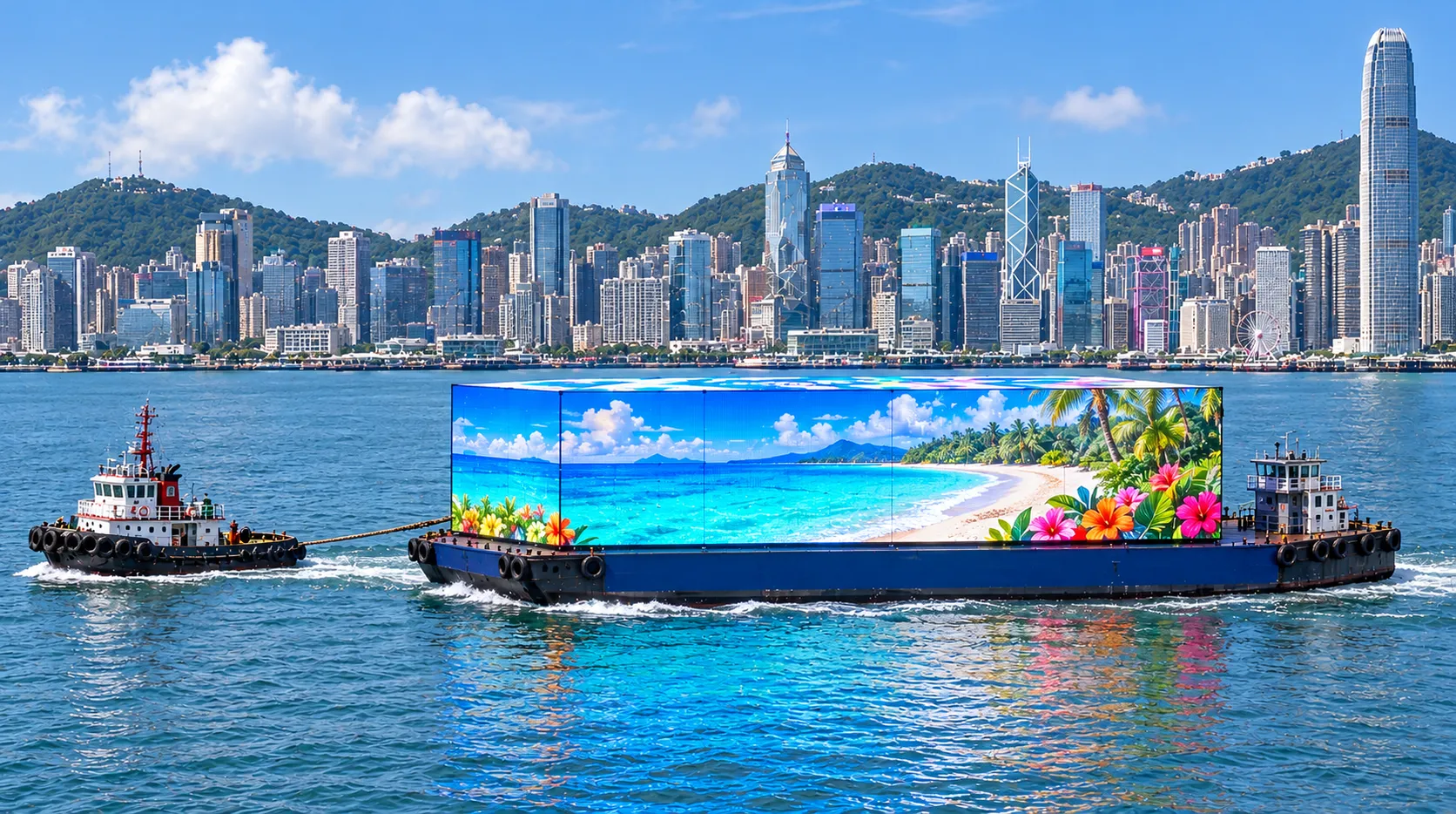 AdBarge towed across Victoria Harbour on a clear day