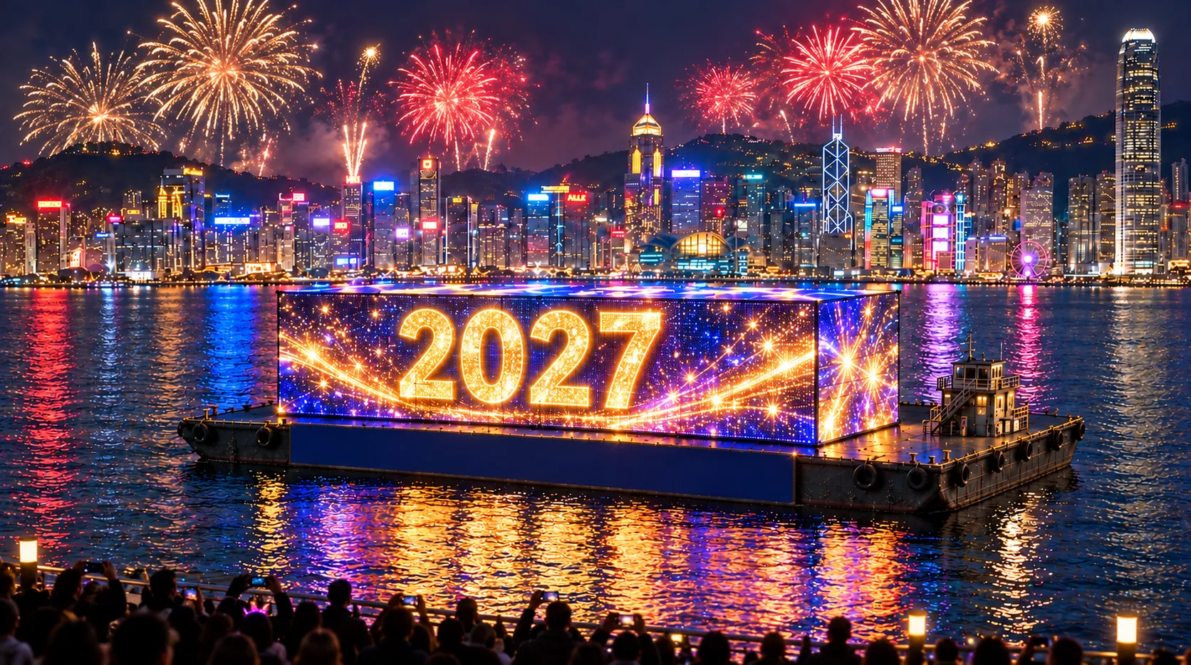 AdBarge shows 2027 under New Year fireworks
